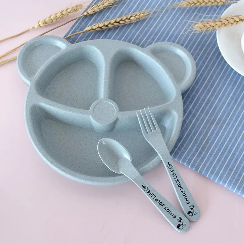 baby Dinnerware Anti-hot Wheat Straw Training Plate Cartoon Bear Dishes Babybowl